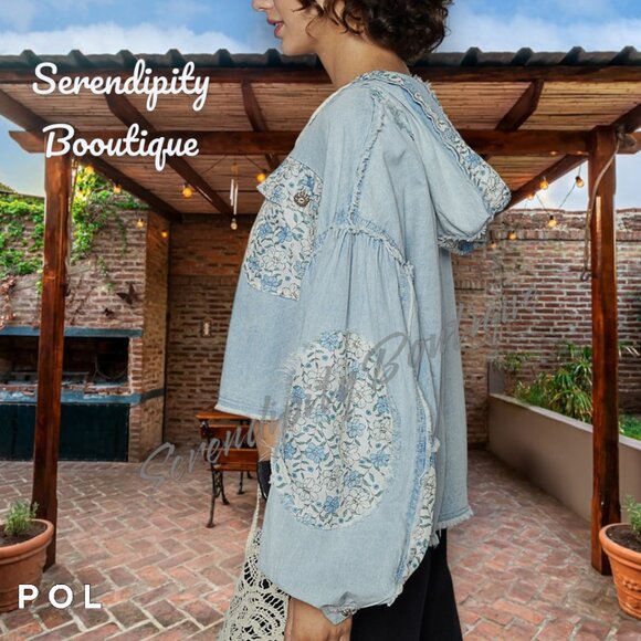 POL Perfect Hoodie Lightweight Denim Twill Button Up Baggy Drop Shoulder Jacket - Picture 4 of 11